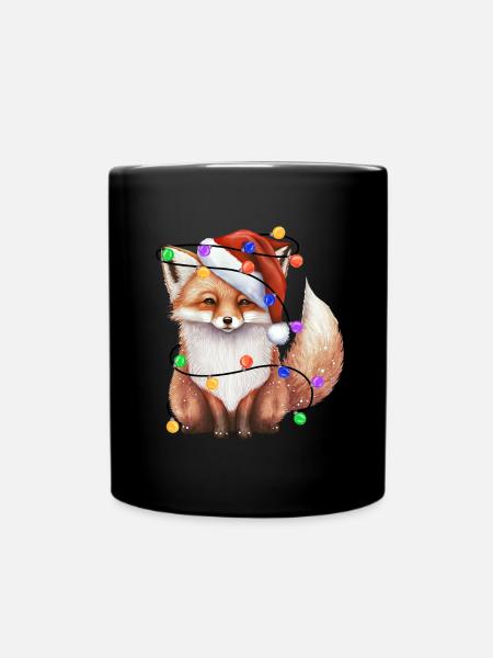 Fuchs mit Weihnachtmütze und Lichter - Tasse einfarbig - Schwarz