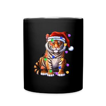 Tiger with Christmas hat and lights - Full Colour Mug - black - Front