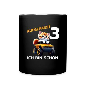 3. Geburtstag Katze auf Monstertruck 3 Jahre alt - Tasse einfarbig - Schwarz - Vorne