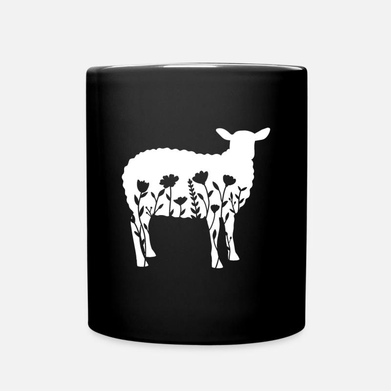 Sheep with flowers - Full Colour Mug - black