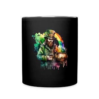 Leprechaun watercolors with hat and rainbow pot - Full Colour Mug - black - Front