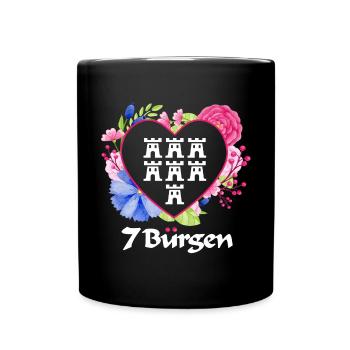 Siebenbürger Wappen mit Blumen Herz weiße Schrift - Tasse einfarbig - Schwarz - Vorne