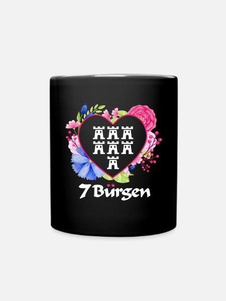 Siebenbürger Wappen mit Blumen Herz weiße Schrift - Tasse einfarbig - Schwarz