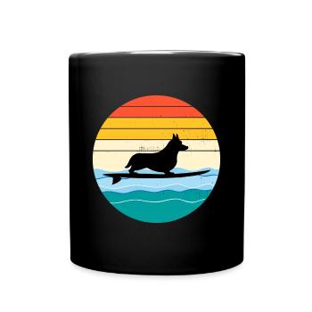Cardigan Welsh Corgi Dog Surfing Sea Vintage retro - Full Colour Mug - black - Front