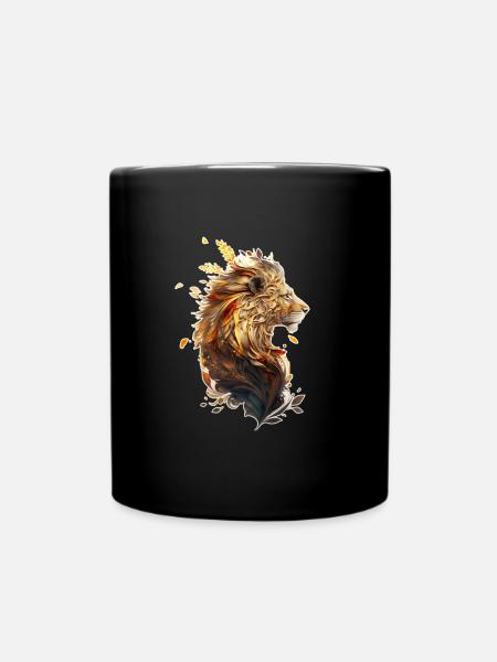 Beautiful lion with orange plants in the mane - Full Colour Mug - black