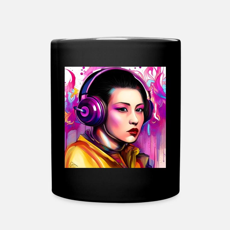 Neon Headphones Portrait Pop Art Style - Full Colour Mug - black