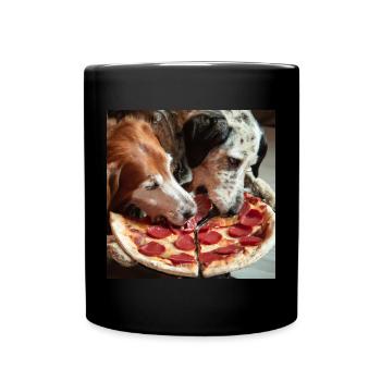 zwei Hunde essen Salami Pizza - Tasse einfarbig - Schwarz - Vorne