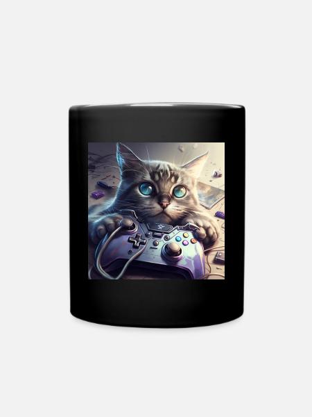 Gamercat with a controller - Full Colour Mug - black