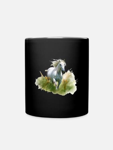 Cheval blanc style peinture réaliste dans un pré - Mug uni - noir