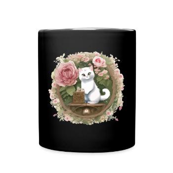 Floraler Katzenkuchen in Rosen - Tasse einfarbig - Schwarz - Vorne