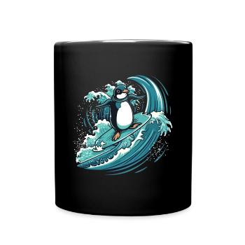 Penguin surfing on wave - Full Colour Mug - black - Front