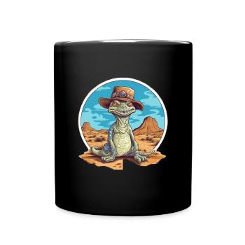 Dinosaure créatif avec chapeau dans le désert - Mug uni - noir - Devant