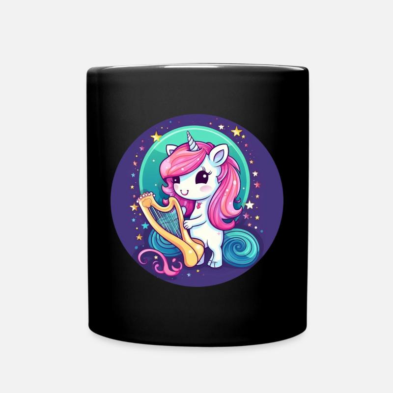 Einhorn spielt Harfe beim Sonnenuntergang - Tasse einfarbig - Schwarz