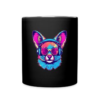 Futuristischer Hund mit Sonnenbrille & Kopfhörern - Tasse einfarbig - Schwarz - Vorne