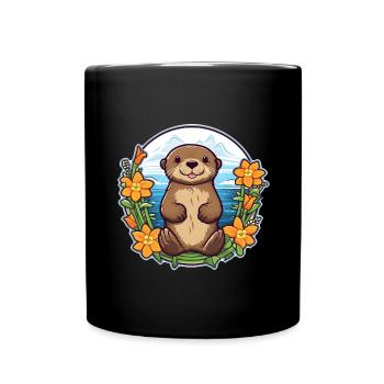 Niedliches Otter-Design | Sommerstimmung | Blumen - Tasse einfarbig - Schwarz - Vorne