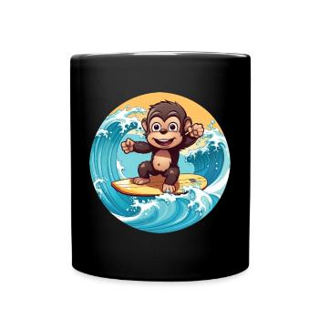 Surfender Schimpanse, Sportliches Tierdesign - Tasse einfarbig - Schwarz - Vorne