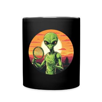 Alien jouant au tennis / badminton au coucher du soleil - Mug uni - noir - Devant