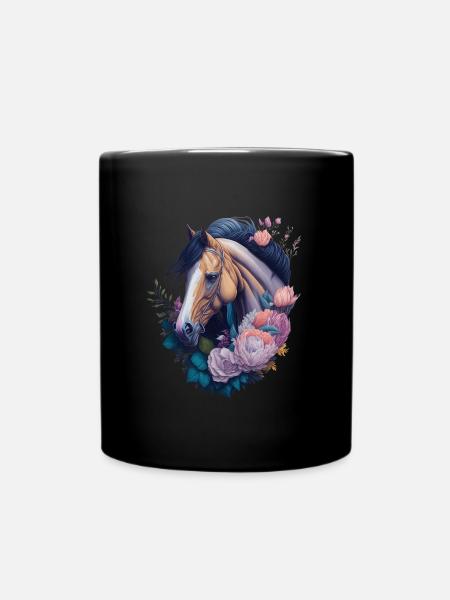 Pferd Blumen - Tasse einfarbig - Schwarz