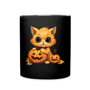 Cute Halloween cat with hat in autumn leaves - Full Colour Mug - black - Front