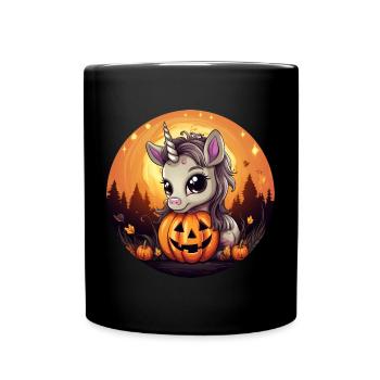 Halloween unicorn with pumpkin at sunset - Full Colour Mug - black - Front
