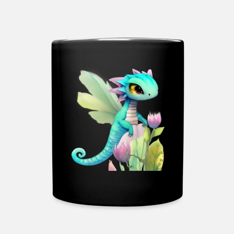 Kawaii Dragon Cartoon sur Fleur Rose - Mug uni - noir