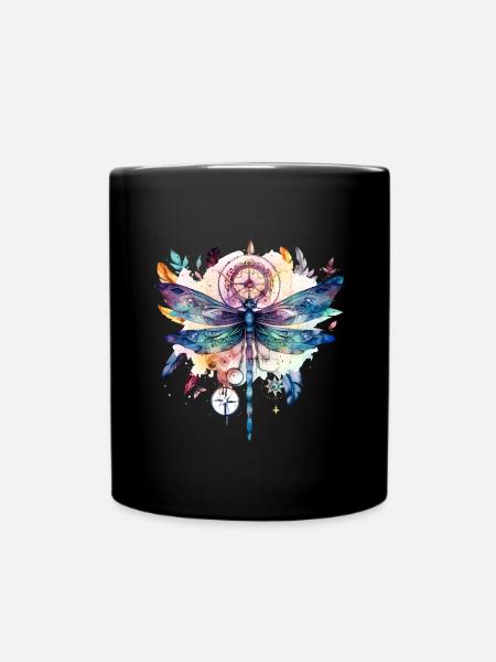 Hippie capteur de rêves avec coiffe de plumes et libellule - Mug uni - noir