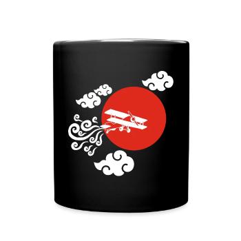 Weißes Flugzeug und rote Sonne - Tasse einfarbig - Schwarz - Vorne