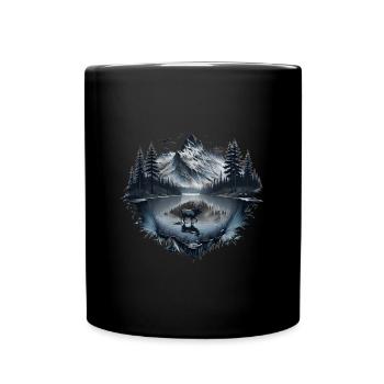 Berglandschaft mit See, Wald und Elch - Tasse einfarbig - Schwarz - Vorne
