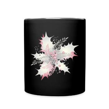 Branche de houx en blanc, argent et rose sombre - Mug uni - noir - Devant