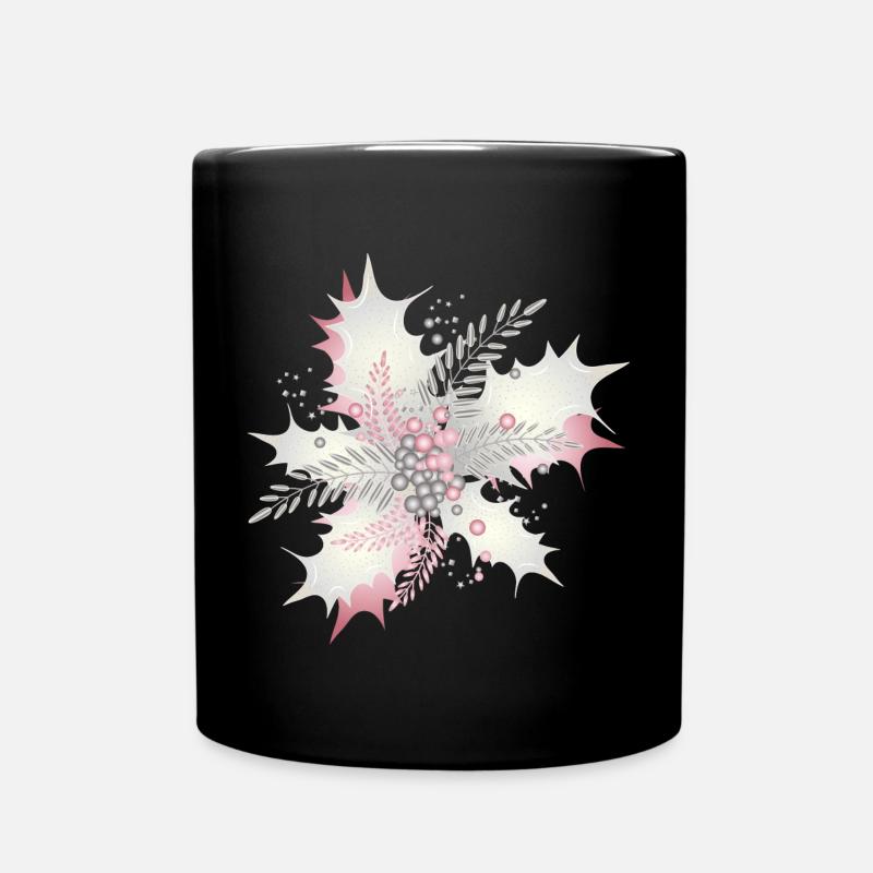 Stechpalmenzweig in weiß,silber und Altrosa - Tasse einfarbig - Schwarz