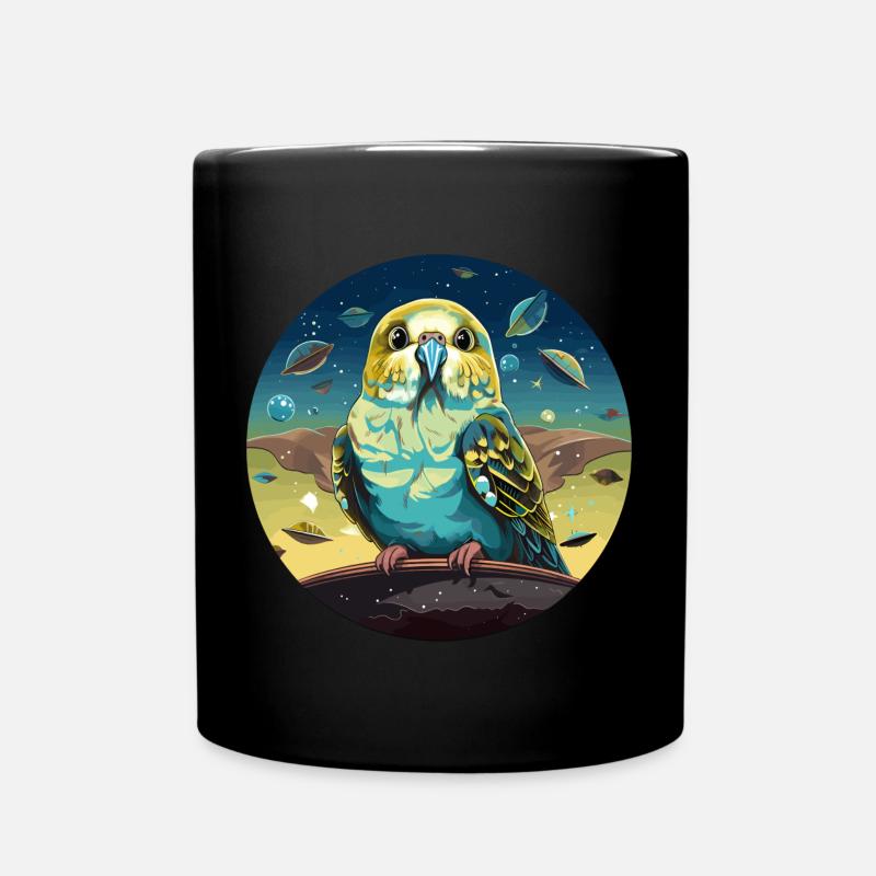 Drôle de perruche avec des ovnis dans l’espace - Mug uni - noir
