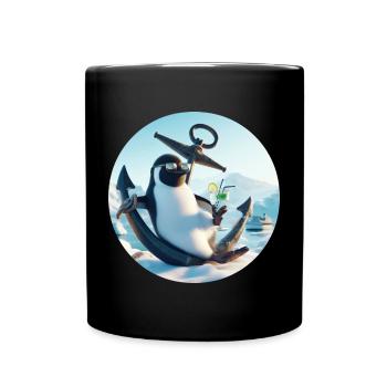 Casual penguin sits on anchor and drinks - Full Colour Mug - black - Front