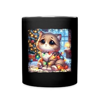 Cute Christmas Cat Clumsy Tangled - Full Colour Mug - black - Front