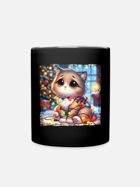 Süße Weihnachts Katze Tollpatschig Verheddert - Tasse einfarbig - Schwarz