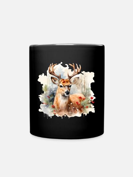 Watercolor Deer in Snow - Full Colour Mug - black