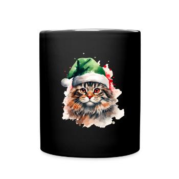 Aquarell Katze mit grüner Weihnachtsmannmütze - Tasse einfarbig - Schwarz - Vorne