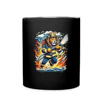 Lion, Firefighter, Firefighter, Flames, Hero - Full Colour Mug - black - Front