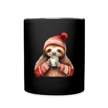 Winter-Sloth mit Kaffeebecher - Tasse einfarbig - Schwarz - Vorne