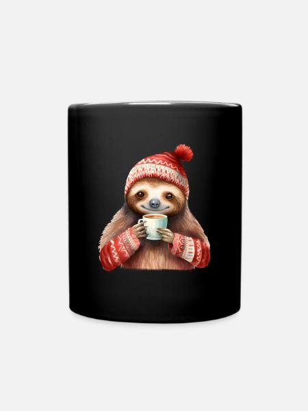 Winter Sloth with Coffee Mug - Full Colour Mug - black