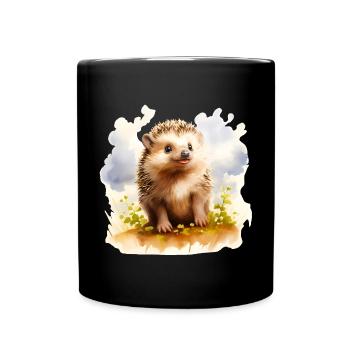 Aquarell Igel auf der Wiese - Tasse einfarbig - Schwarz - Vorne
