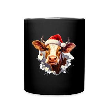 Kuh mit Weihnachtsmütze im Mauerloch - Tasse einfarbig - Schwarz - Vorne