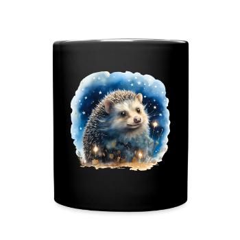 Aquarell Igel mit Sternenhimmel - Tasse einfarbig - Schwarz - Vorne