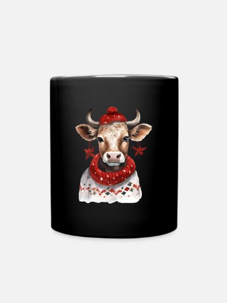 Winterkuh mit rotem Schal und Mütze - Tasse einfarbig - Schwarz