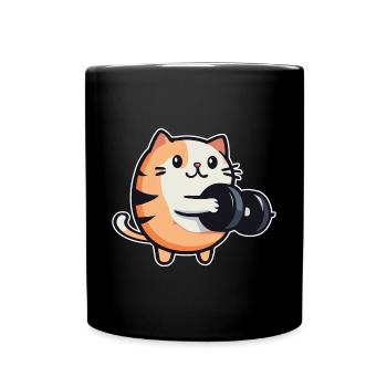 Lustige Katze mit Hanteln Fitness - Tasse einfarbig - Schwarz - Vorne