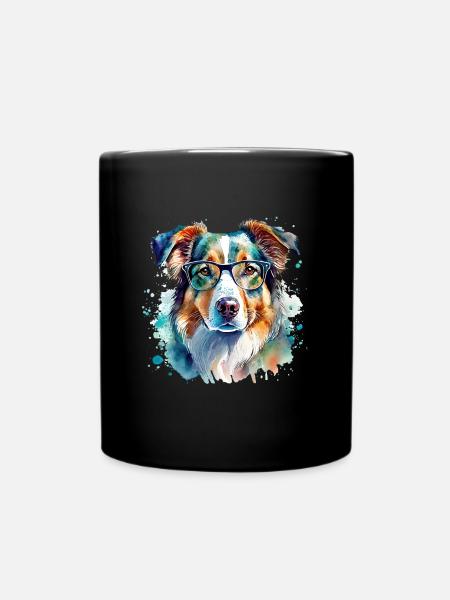 Australian Shepherd mit Brille Aquarell - Tasse einfarbig - Schwarz