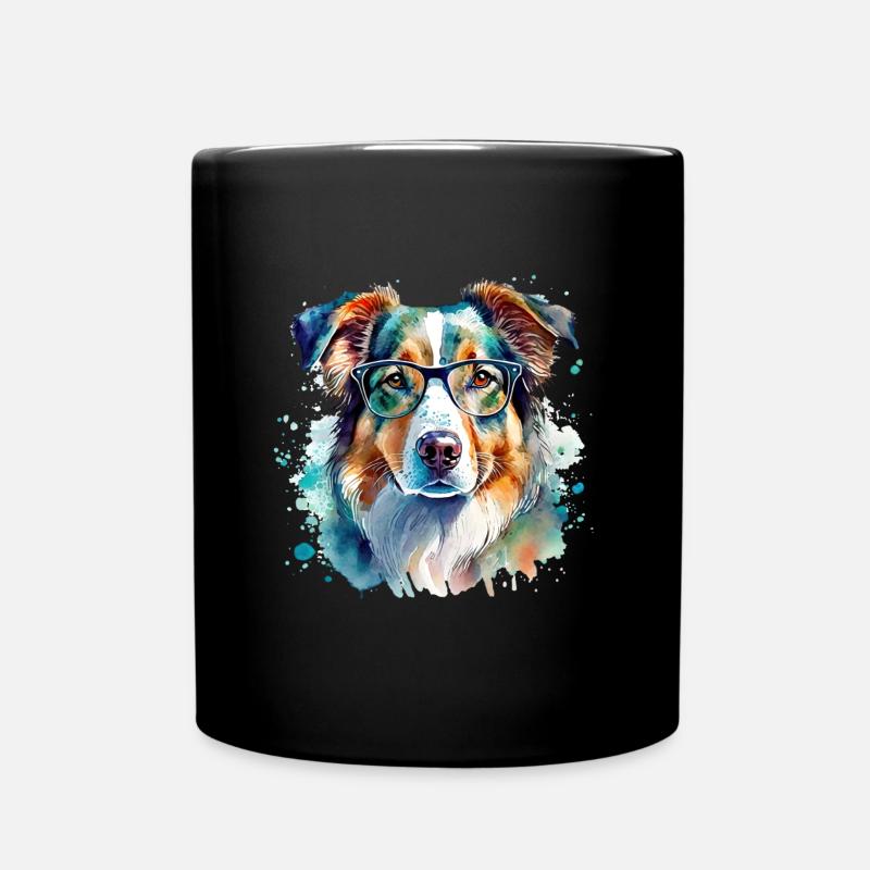 Australian Shepherd mit Brille Aquarell - Tasse einfarbig - Schwarz
