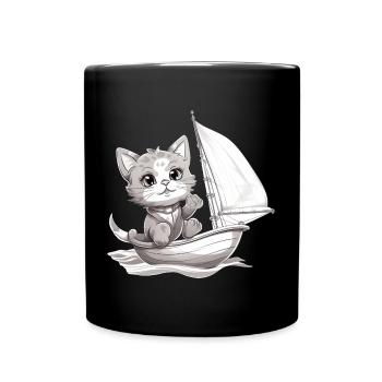 Sailing cat on dinghy - Full Colour Mug - black - Front