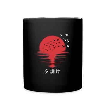 Silhouette d’oiseaux japonais au coucher du soleil - Mug uni - noir - Devant