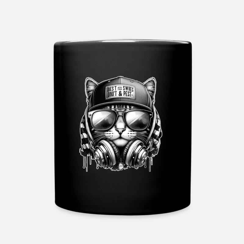 Cat DJ with Headphone Cap - Full Colour Mug - black