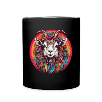 Chèvre avec coiffe de plumes et fleurs dans la roue chromatique - Mug uni - noir - Devant